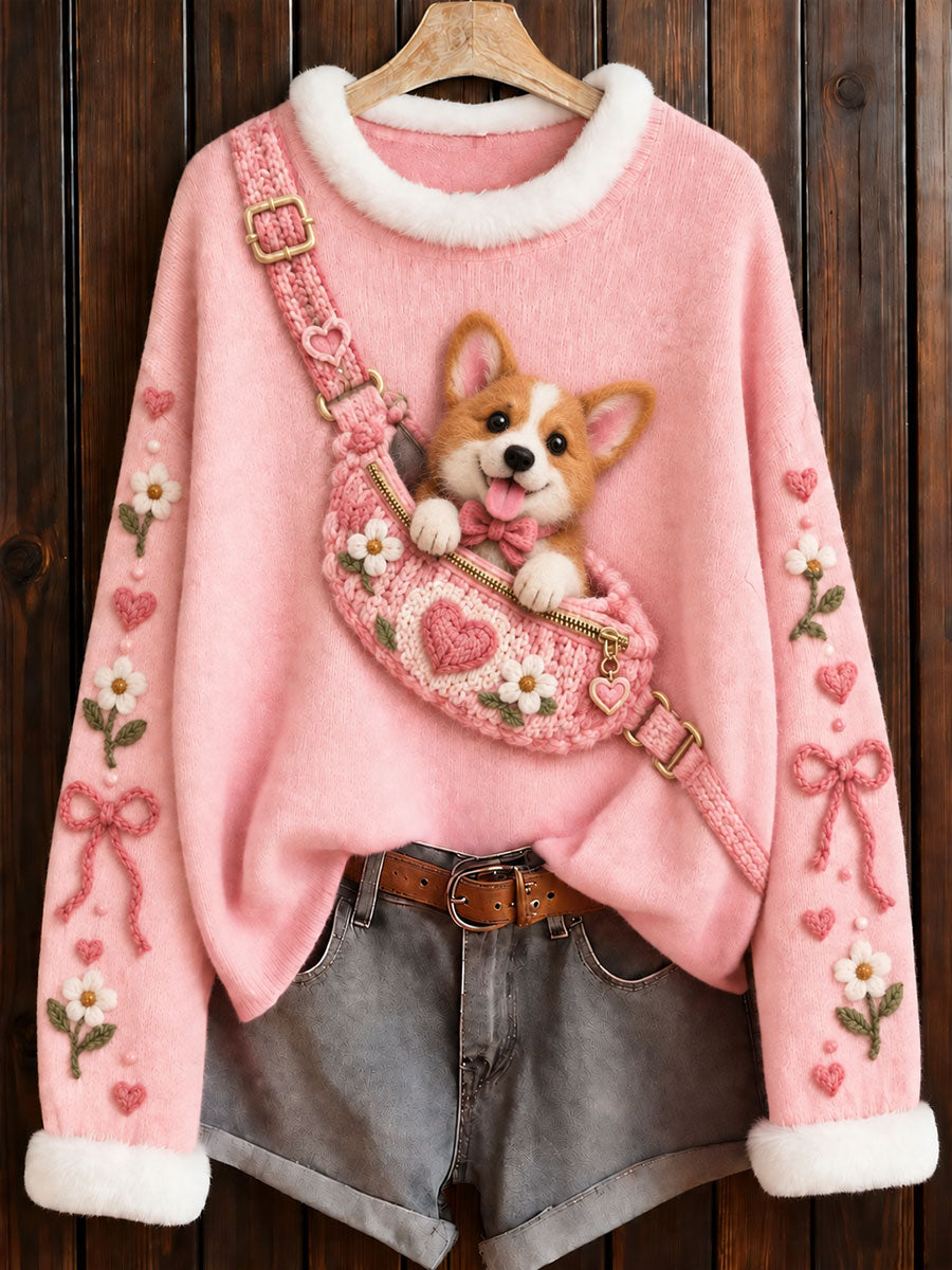 Pull à col rond rose imprimé corgi, sensibilisation au cancer du sein chez les femmes