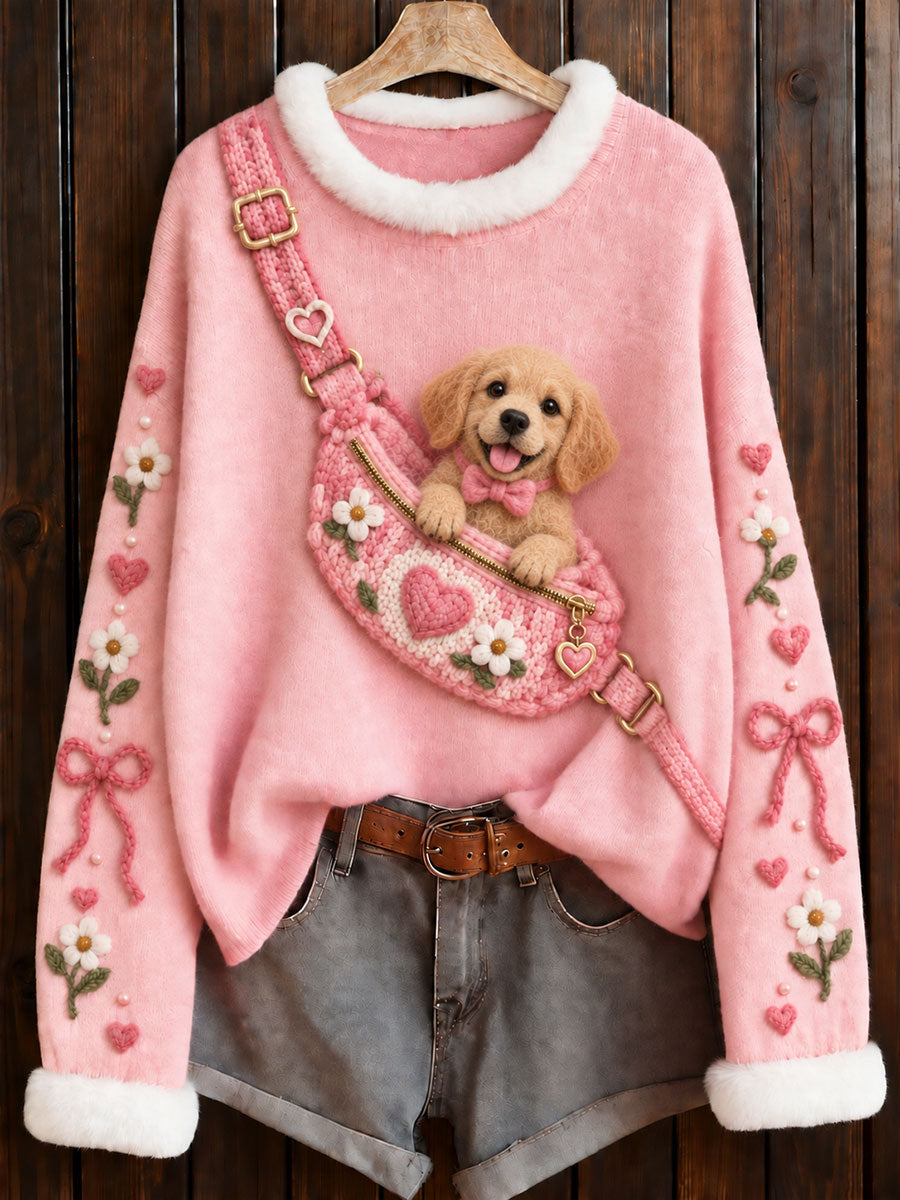Pull à col rond imprimé Golden Retriever rose pour la sensibilisation au cancer du sein chez les femmes