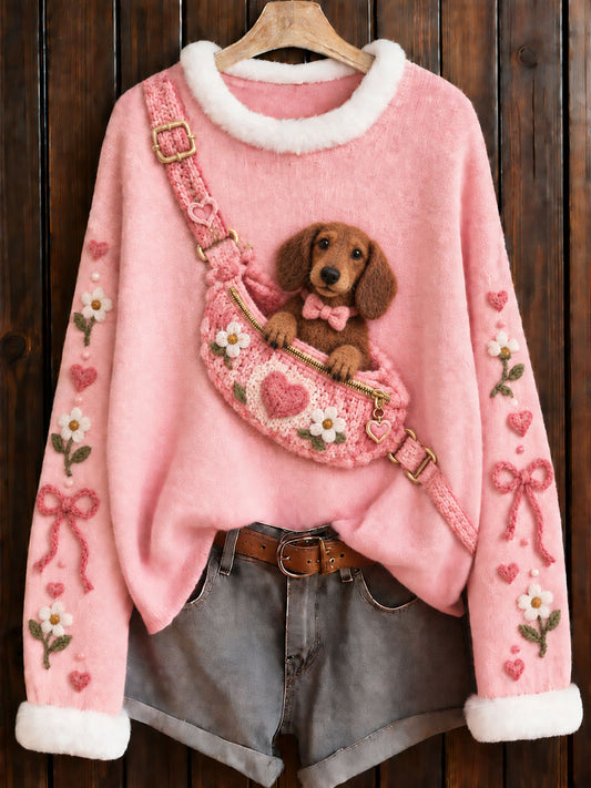 Pull à col rond rose imprimé teckel, sensibilisation au cancer du sein chez la femme