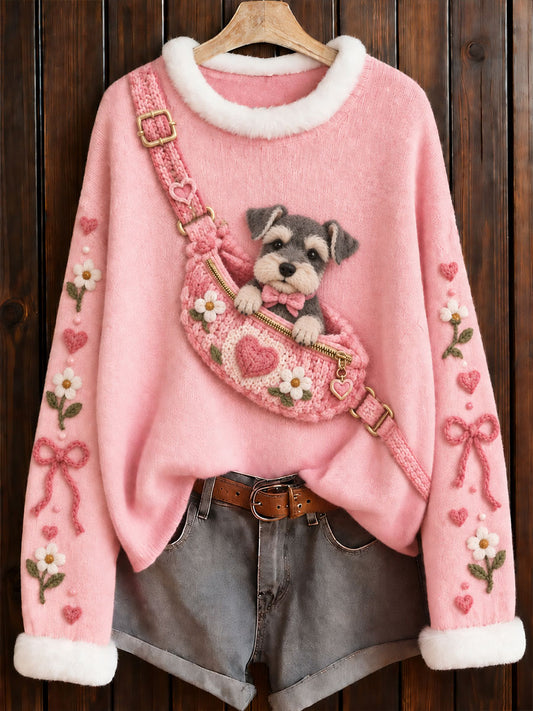Pull à col rond rose avec imprimé schnauzer, en soutien à la sensibilisation au cancer du sein chez les femmes