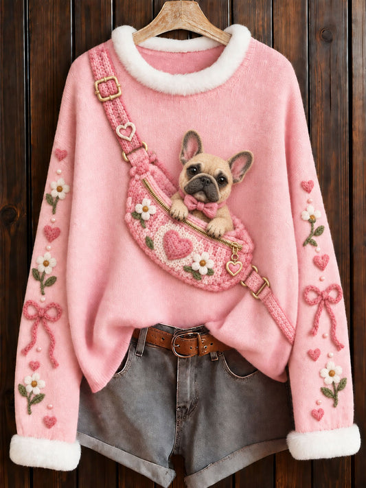 Pull à col rond rose imprimé bouledogue français, en soutien à la sensibilisation au cancer du sein chez les femmes