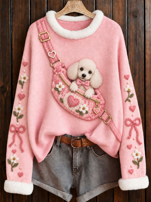 Pull à col rond rose imprimé caniche, sensibilisation au cancer du sein chez la femme