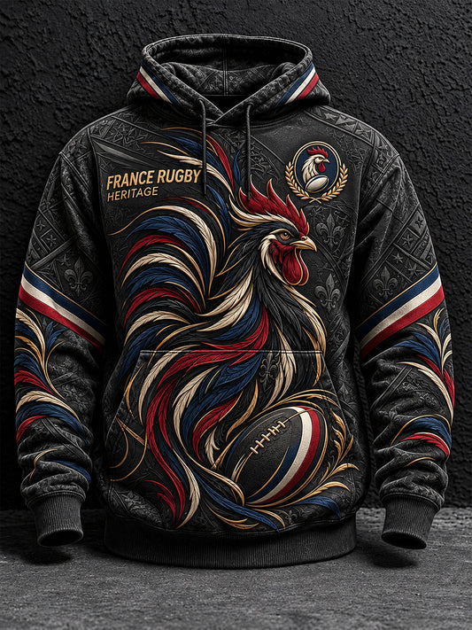 Sweat à capuche oversize à épaules tombantes pour homme, imprimé France Rugby, avec poches