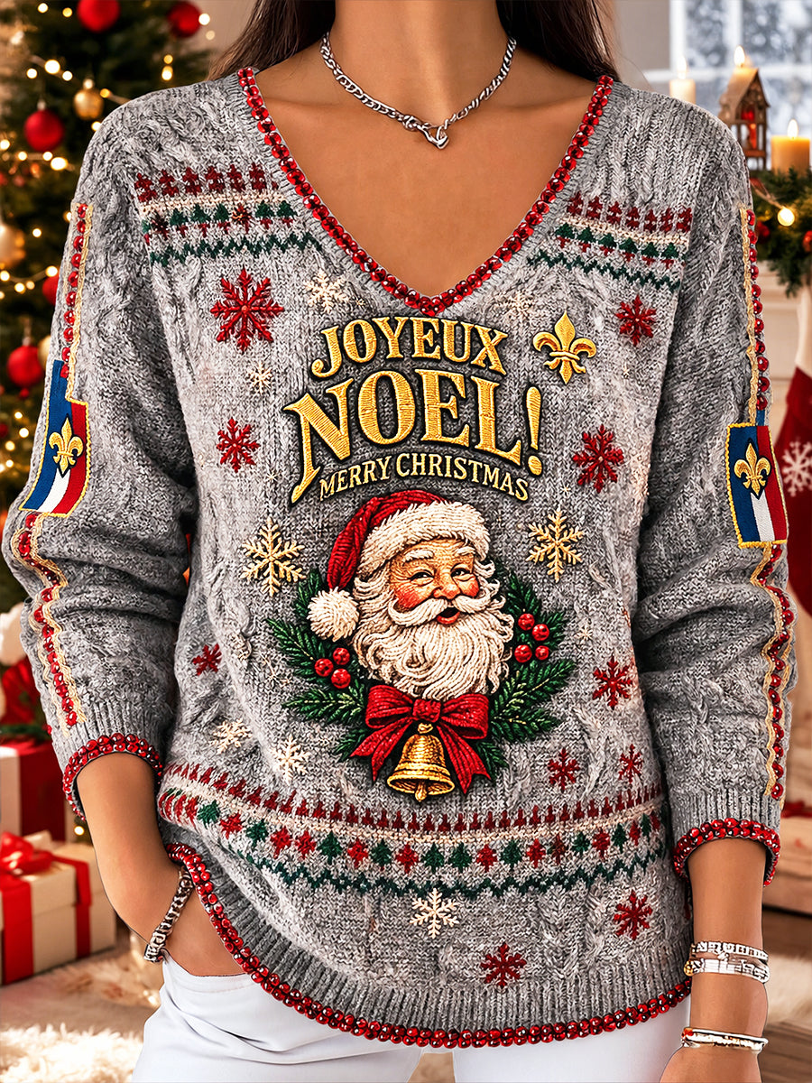 Pull décontracté à col en V pour femme, imprimé de Noël français gris