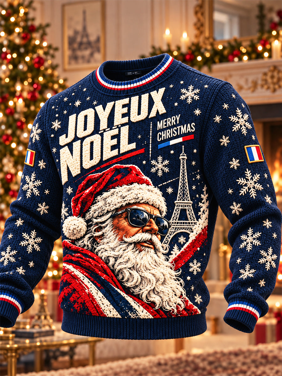 Pull décontracté à col rond pour homme, imprimé de Noël français bleu