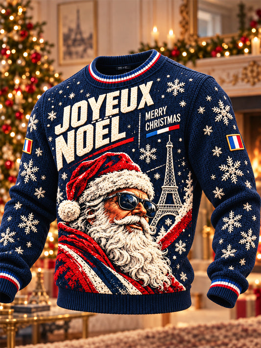 Pull décontracté à col rond pour homme, imprimé de Noël français bleu