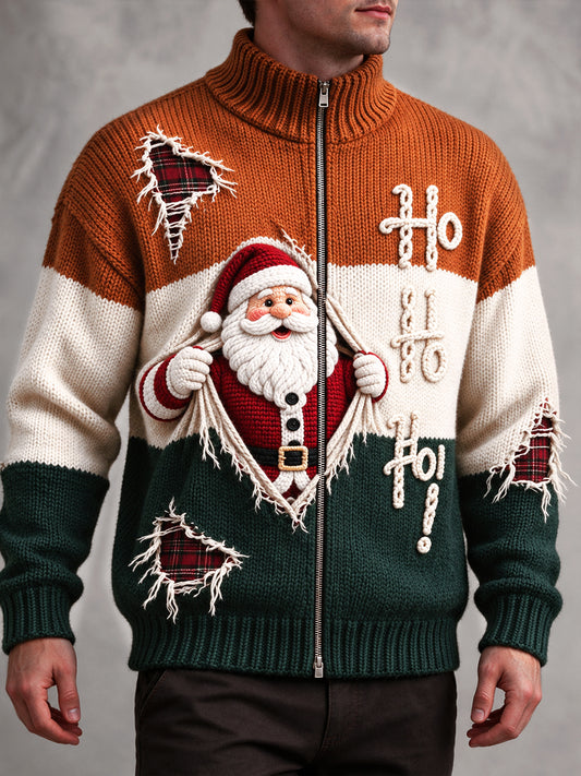 Veste de Noël décontractée zippée à imprimé patchwork créatif pour homme