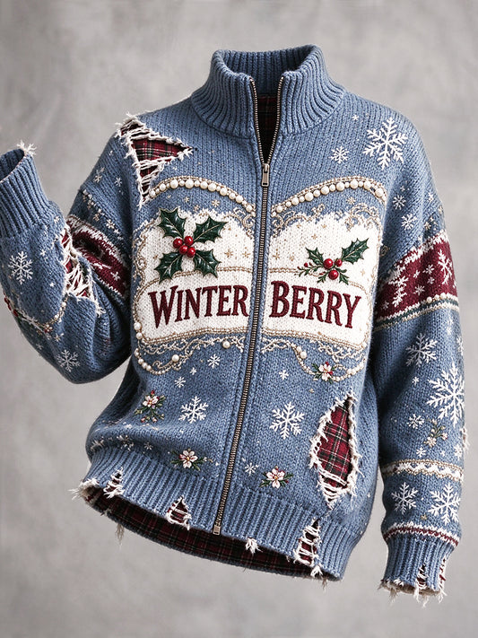 Veste décontractée zippée pour femme, imprimé de Noël français bleu