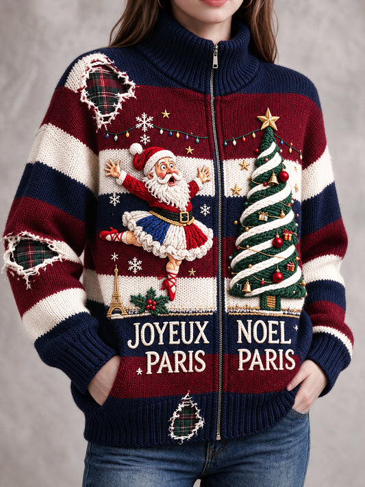 Veste zippée décontractée à imprimé rayé d’inspiration noël, style français pour femme