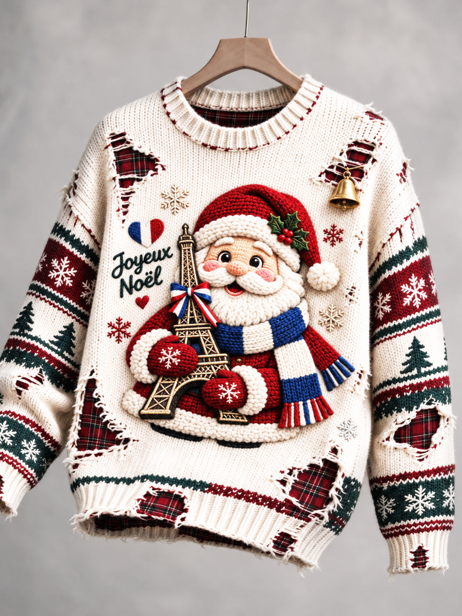 Pull décontracté beige pour femme à imprimé créatif sur le thème de Noël français
