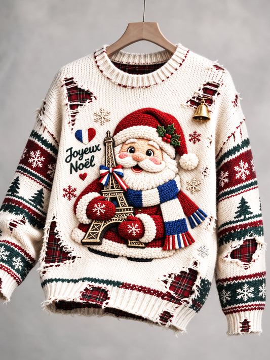 Pull décontracté beige pour femme à imprimé créatif sur le thème de Noël français