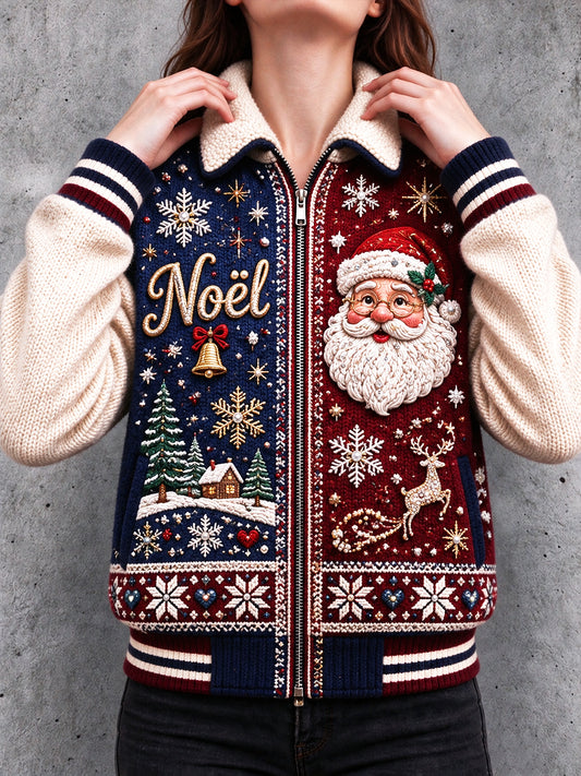 Veste zippée décontractée pour femme, imprimé patchwork de Noël français