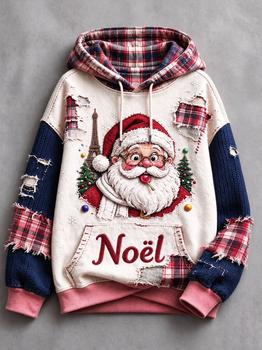 Sweat-shirt à capuche décontracté pour femme, imprimé patchwork à carreaux, style français de Noël mignon