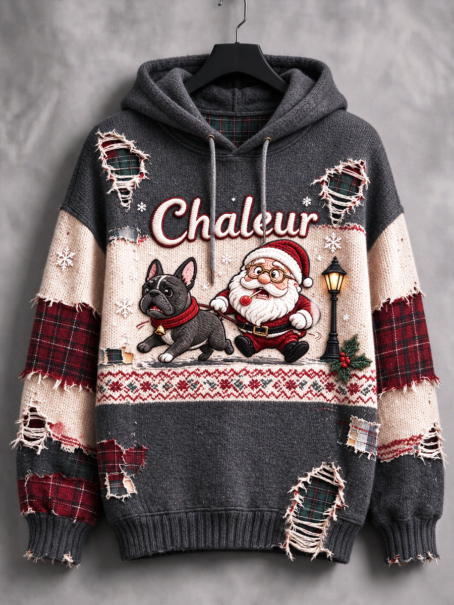 Sweat-shirt décontracté à capuche pour femme, gris, imprimé patchwork de motifs de Noël français