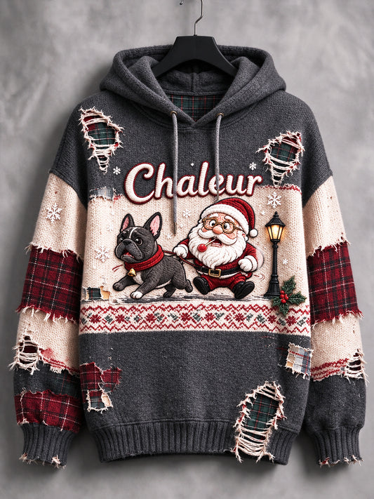 Sweat-shirt décontracté à capuche pour femme, gris, imprimé patchwork de motifs de Noël français