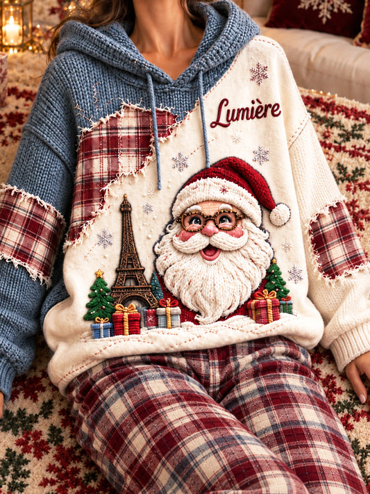 Sweat-shirt décontracté à capuche pour femme, en patchwork à motif pied-de-poule français de Noël