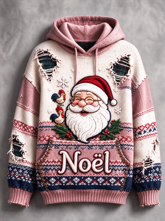 Sweat-shirt à capuche décontracté pour femme, imprimé patchwork vieilli, style Noël français