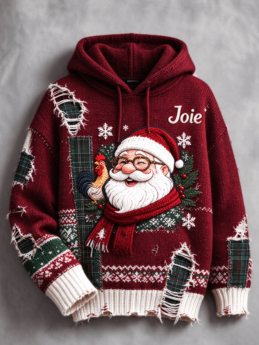 Sweat-shirt à capuche décontracté pour femme, rouge, imprimé patchwork de motifs de Noël français