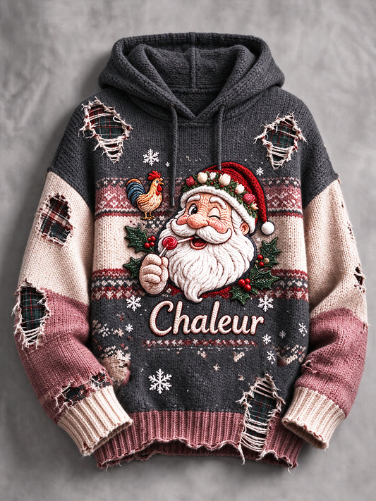 Sweat-shirt à capuche décontracté et tendance pour femme, imprimé patchwork de Noël français