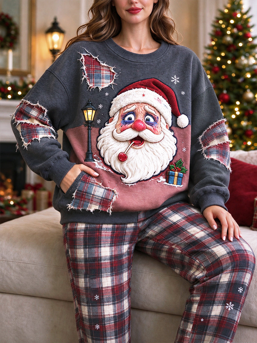 Ensemble pyjama décontracté pour femme, sweat-shirt imprimé à carreaux motif Père Noël, patchwork