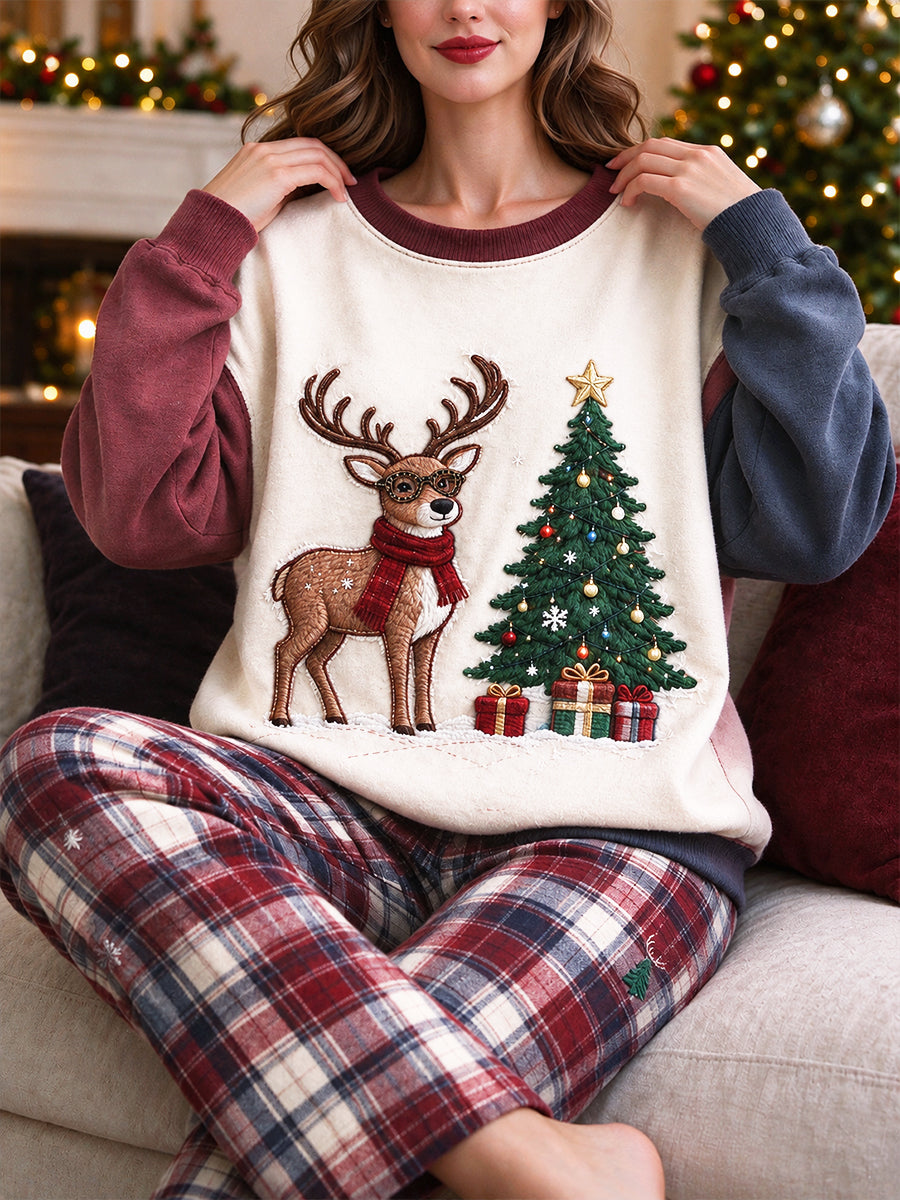 Ensemble décontracté de pyjama pour femme comprenant un sweat-shirt à motif pied-de-poule et rennes de Noël