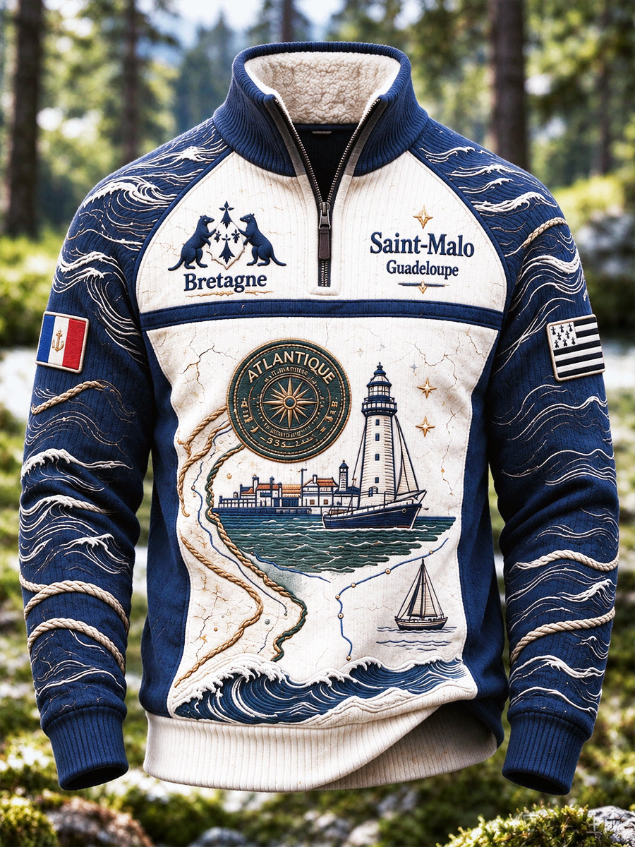 Sweat Homme Route Du Rhum Français Course De Voile Brittany-Print Casual Col Debout Zip-Up