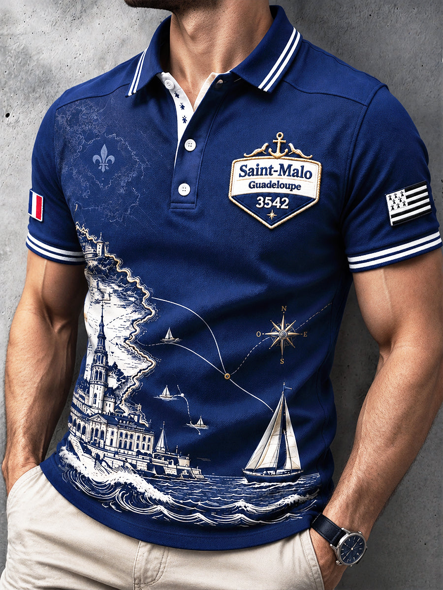 Polo Décontracté Homme Bleu Foncé French Rum Route Regatta Brittany-Print