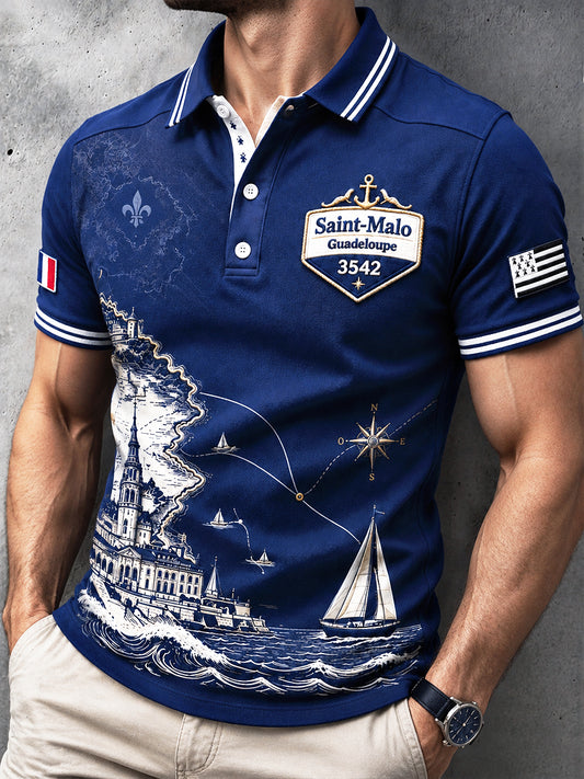 Polo Décontracté Homme Bleu Foncé French Rum Route Regatta Brittany-Print