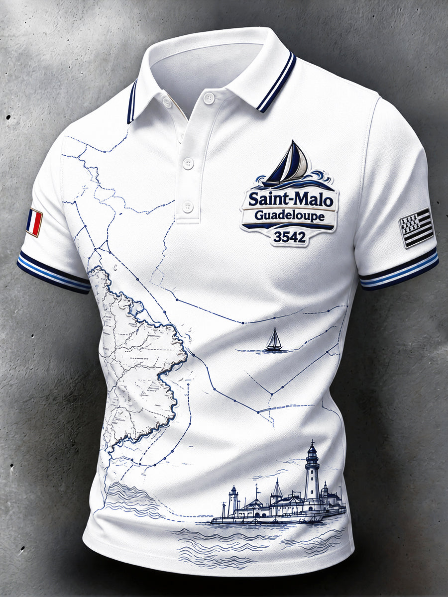 Polo Homme Décontracté Blanc Route Du Rhum Français-Regatta Brittany-Print