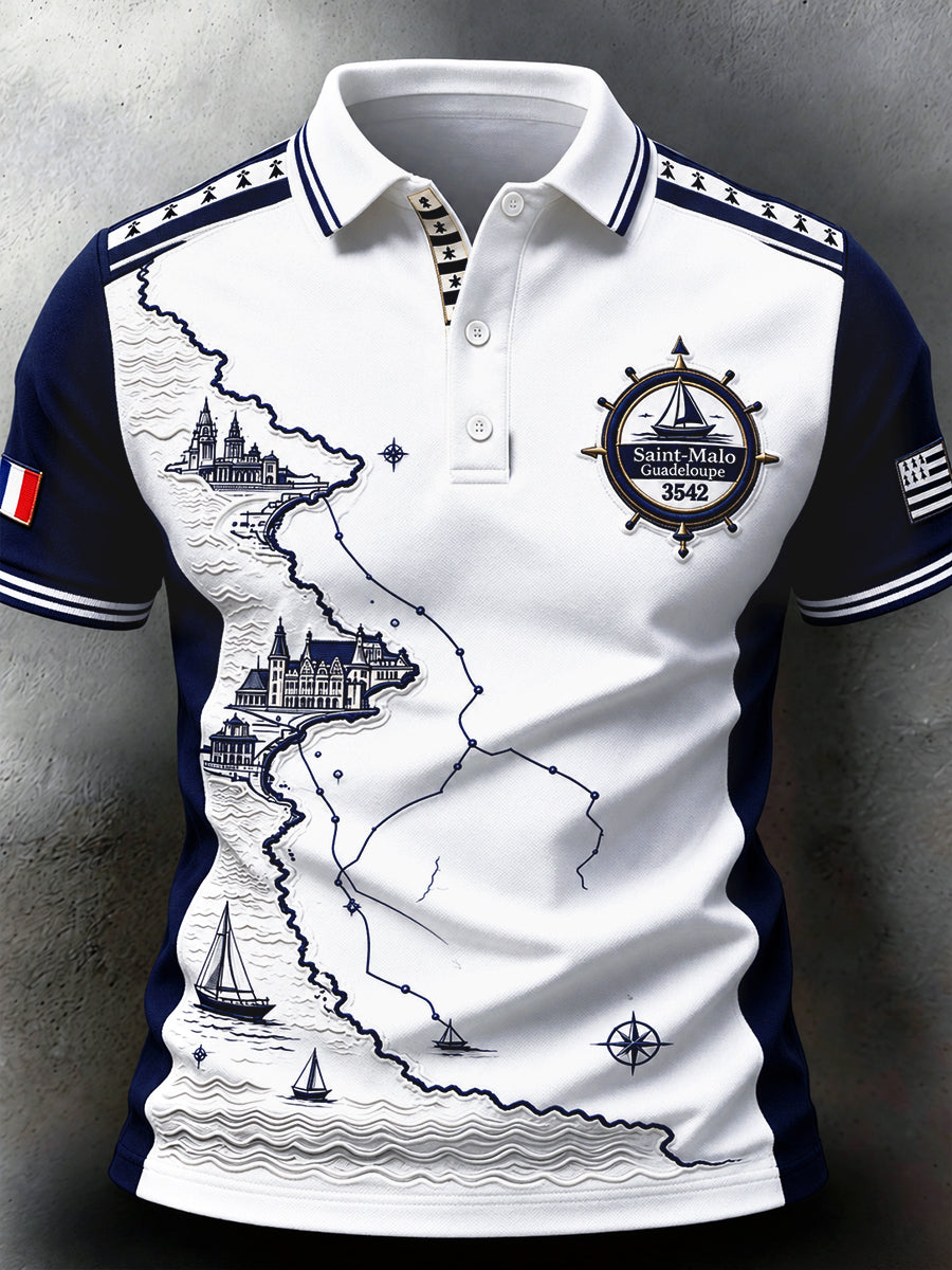 Polo décontracté imprimé patchwork bretagne régate de la route du Rhum français blanc pour hommes