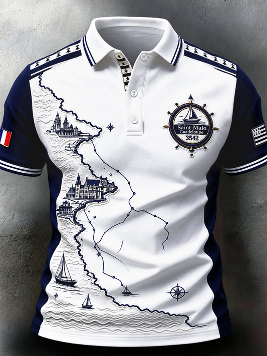 Polo décontracté imprimé patchwork bretagne régate de la route du Rhum français blanc pour hommes